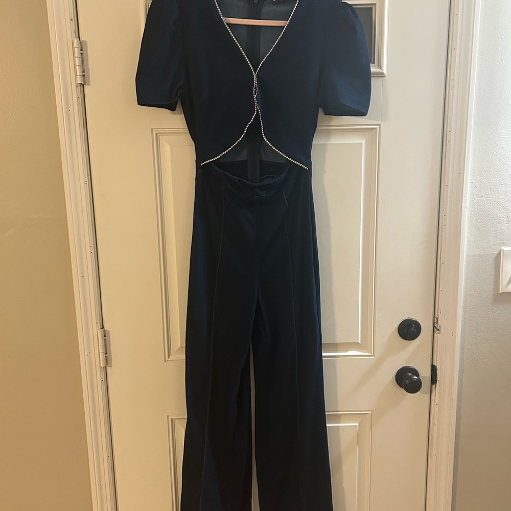 Denim Jumpsuit with rhinestone trim